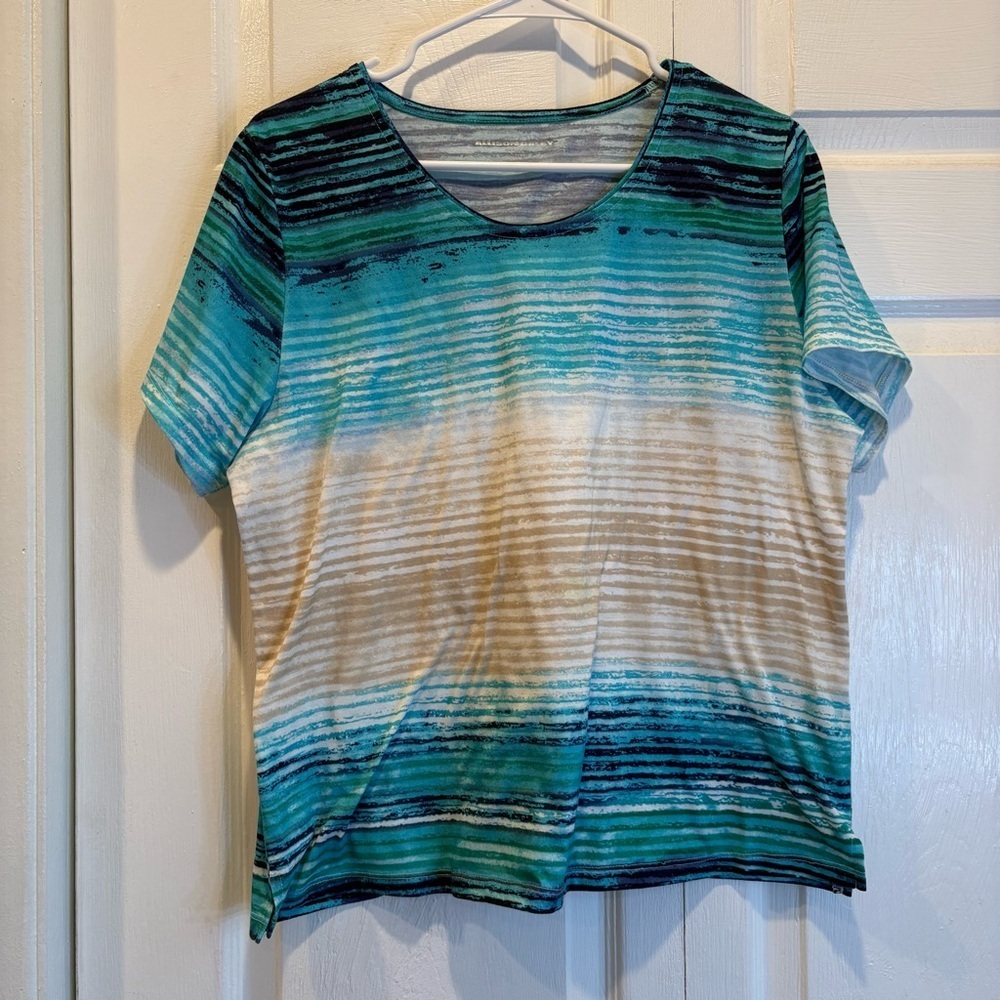 Allison Daley Blue & Tan Striped Short Sleeve T-Shirt - Size Petite Large